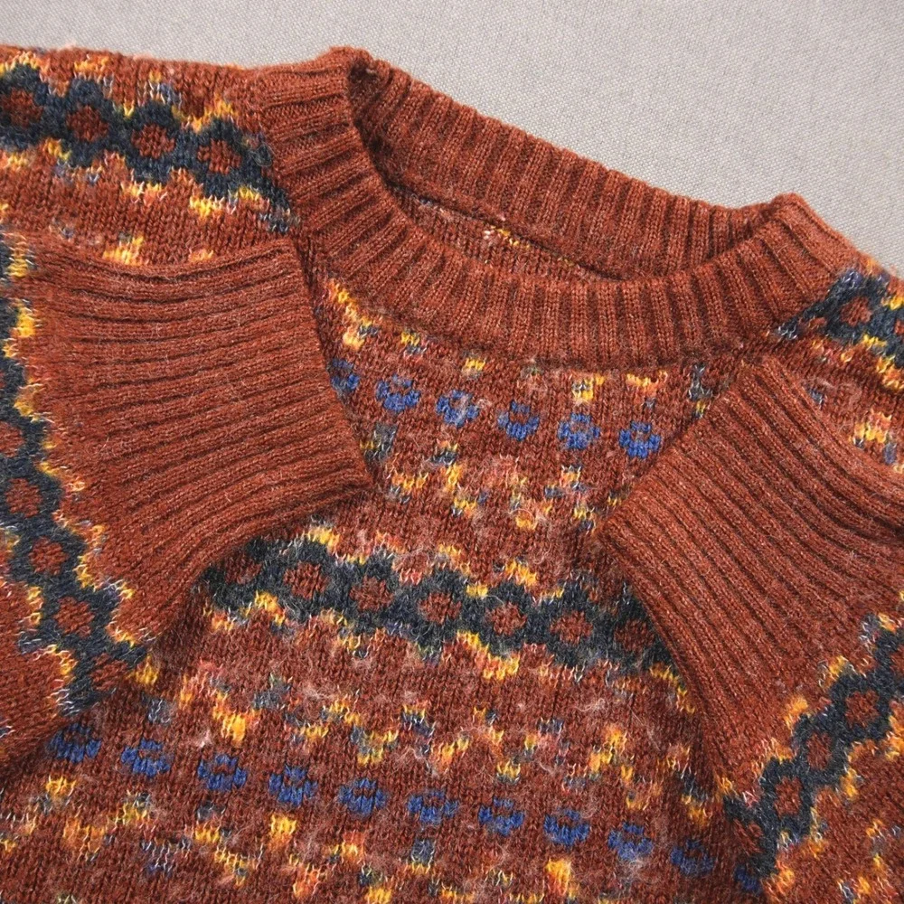 Vintage 80s Fair Isle Geometric Knit Men Sweater L Boho Coastal Rustic College